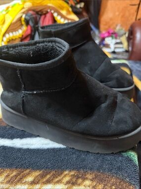 Women's Black Suede Ankle Booties with Plush Lining with platform bottoms